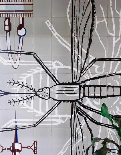 A wall mural of mosquitoes and microscopic organisms.