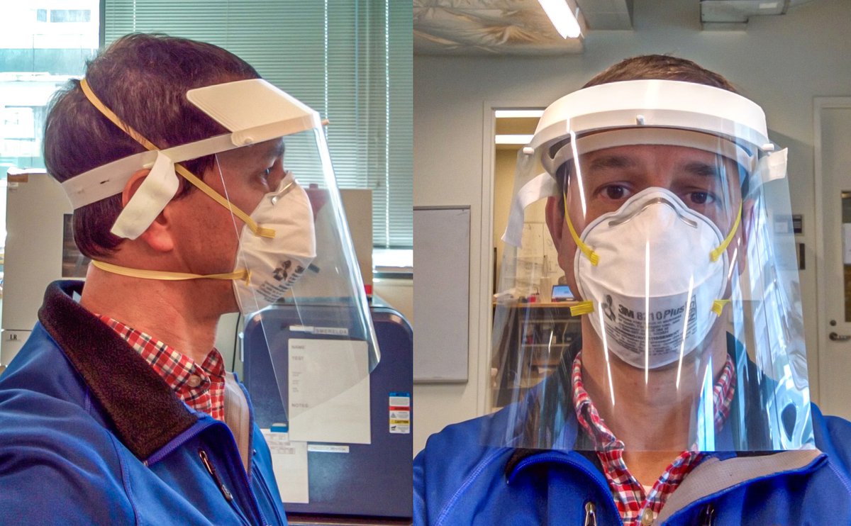 Daniel Myers, a PATH product development engineer in SEattle, models the face shield design being fabricated in the seattle product development shop. Photo: PATH.