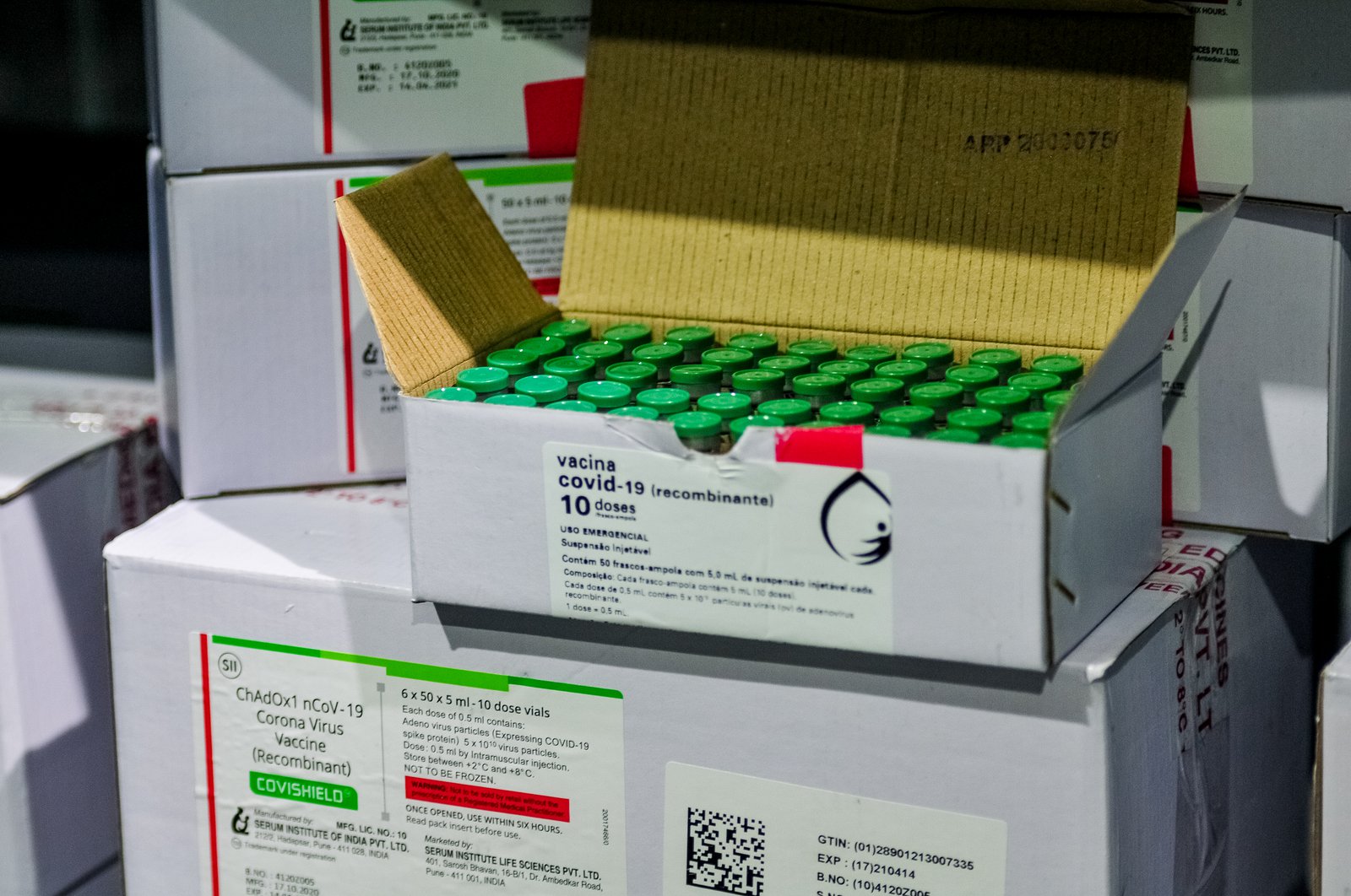 A shipment of the Oxford–AstraZeneca COVID-19 vaccine produced by the Serum Institute of India.