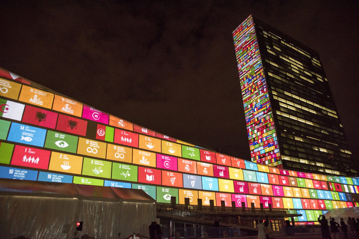Projection of the Sustainable Development Goals on UNHQ in New York.