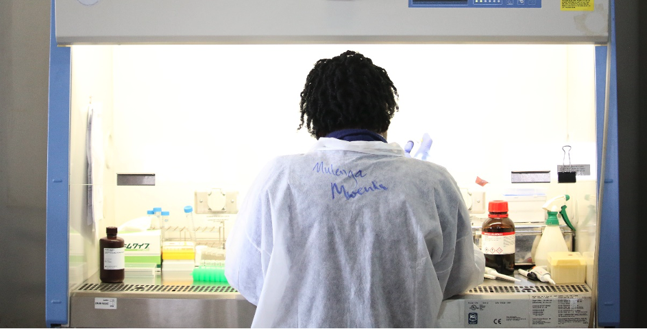Mulenga Mwenda-Chimfwembe, a laboratory scientist at PATH, sequences SARS-CoV-2 samples. Photo: PATH/Mirriam Chimba.